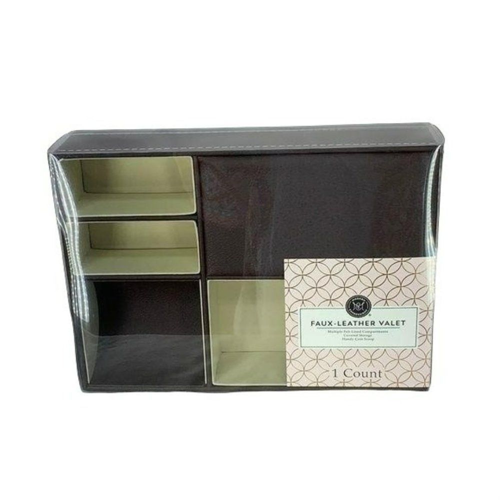 Mens Valet Tray Organizer -Leather Nightstand Dresser Top Box with 5 Compartment